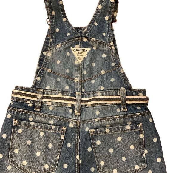 Oshkosh Polka Dot Overalls 3T Blue Denim Bibbed White Circles Tie Belt Vestbak - Picture 5 of 15